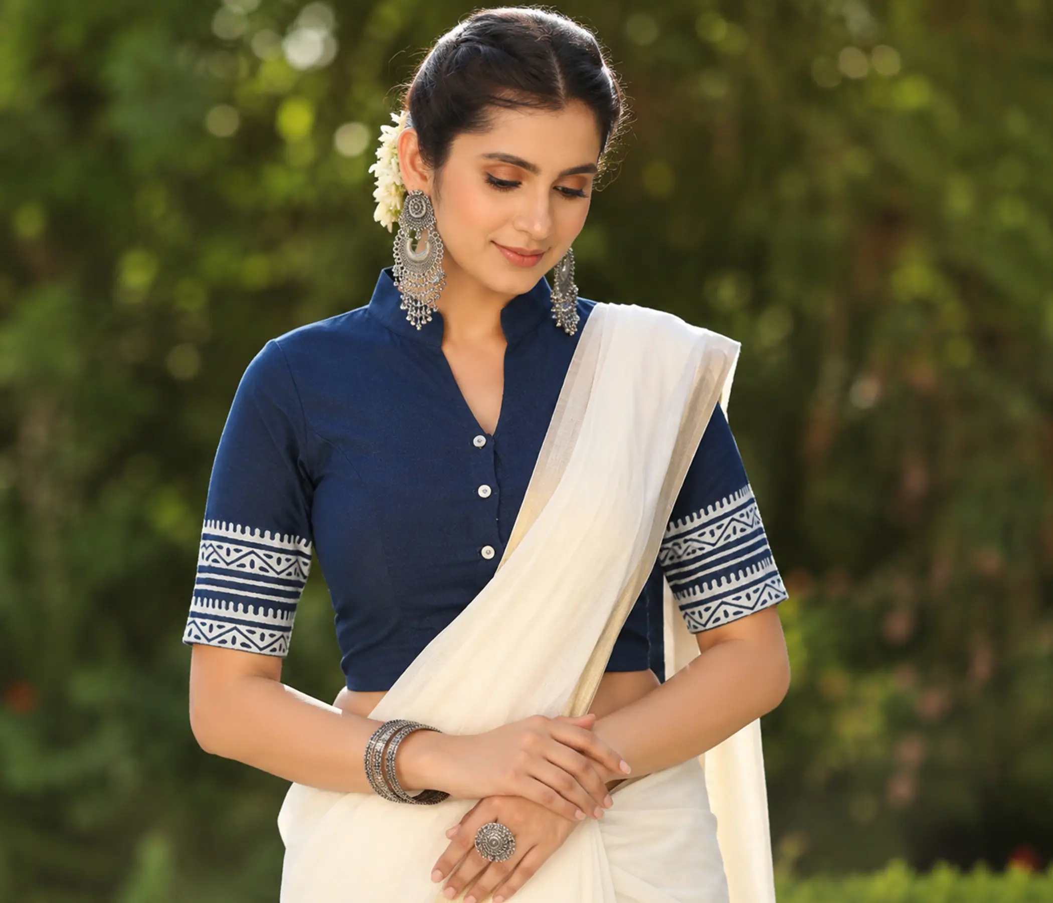 Indigo Cotton Sleeves Design Blouse
